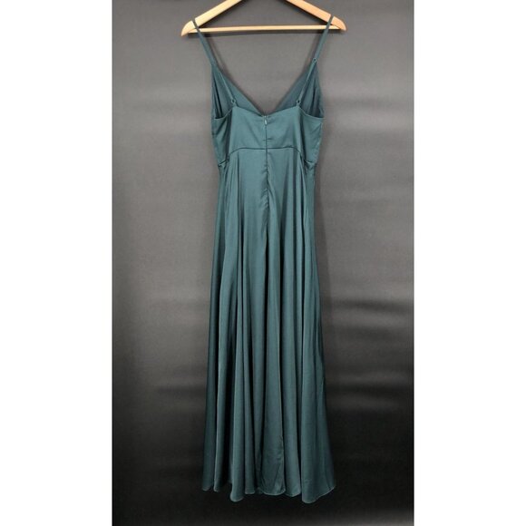 Lulus Women's Front Slit Satin Maxi Dress S Teal Green Formal Dance Bridesmaid - Picture 2 of 12